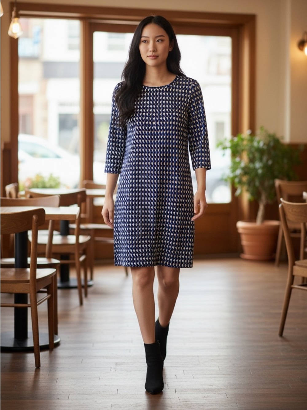 NWOT J.Crew Jet Set Geo Shift Dress Blue Black White Geometric Side Zip | Size 4
